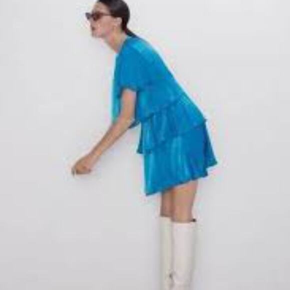 ZARA RUFFLED SATIN EFFECT MINI BLUE SIZE XS MINI WOMEN DRESS - Picture 6 of 6